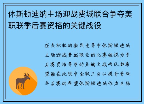 休斯顿迪纳主场迎战费城联合争夺美职联季后赛资格的关键战役