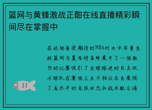 篮网与黄蜂激战正酣在线直播精彩瞬间尽在掌握中