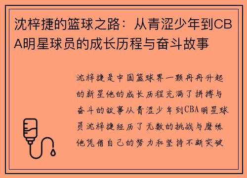 沈梓捷的篮球之路：从青涩少年到CBA明星球员的成长历程与奋斗故事