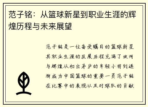 范子铭：从篮球新星到职业生涯的辉煌历程与未来展望