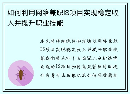 如何利用网络兼职IS项目实现稳定收入并提升职业技能