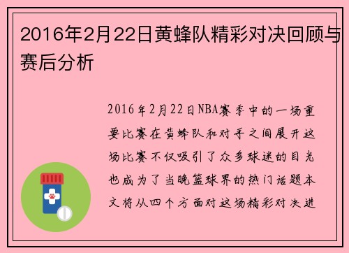 2016年2月22日黄蜂队精彩对决回顾与赛后分析