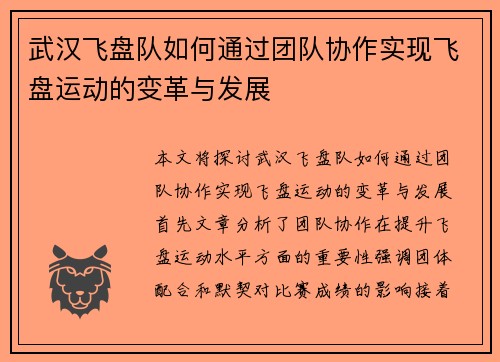 武汉飞盘队如何通过团队协作实现飞盘运动的变革与发展