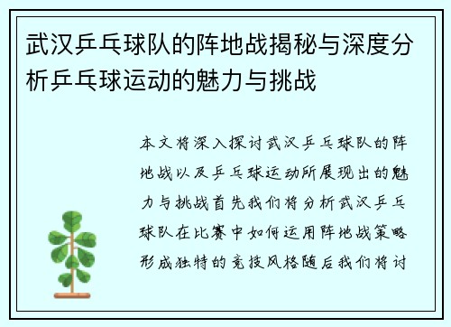 武汉乒乓球队的阵地战揭秘与深度分析乒乓球运动的魅力与挑战