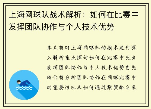 上海网球队战术解析：如何在比赛中发挥团队协作与个人技术优势
