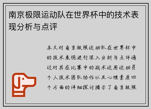 南京极限运动队在世界杯中的技术表现分析与点评
